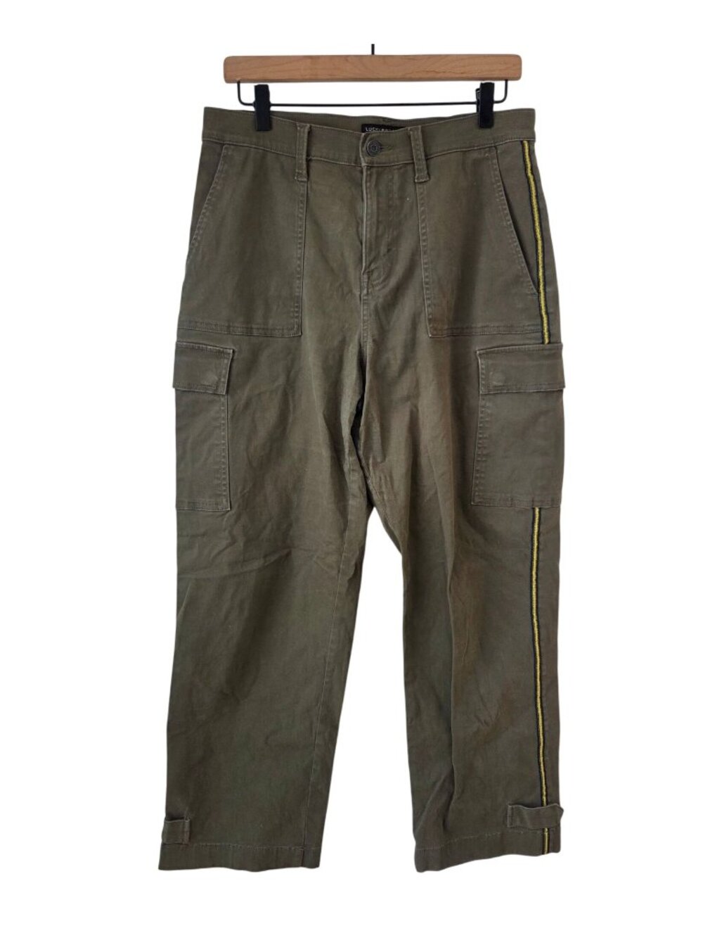 Lucky Brand High Rise Cargo Pants w/ Side Stripe Olive Green Utility Women's 8